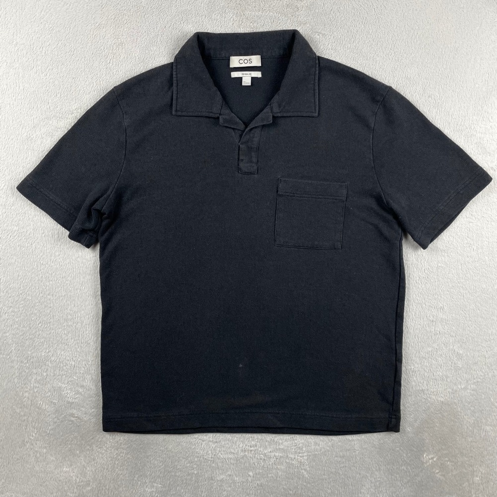 Cos Knit Polo Shirt Mens Large Regular Fit Black Johnny Collar Short Sleeve